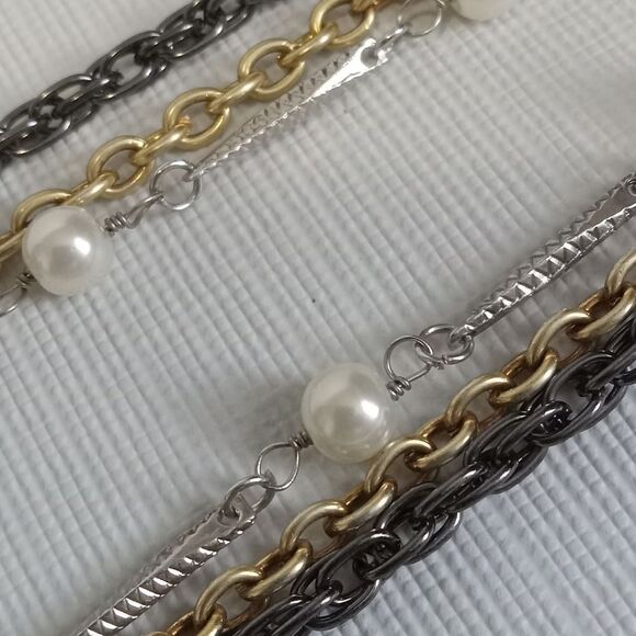 Triple Strand Long Length Gold & Silver Toned Layered Chain Statement Necklace - Picture 4 of 9